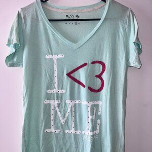 MISS ME Women's Tee Shirt V-Neck I <3 ME Short Sleeve Size Large